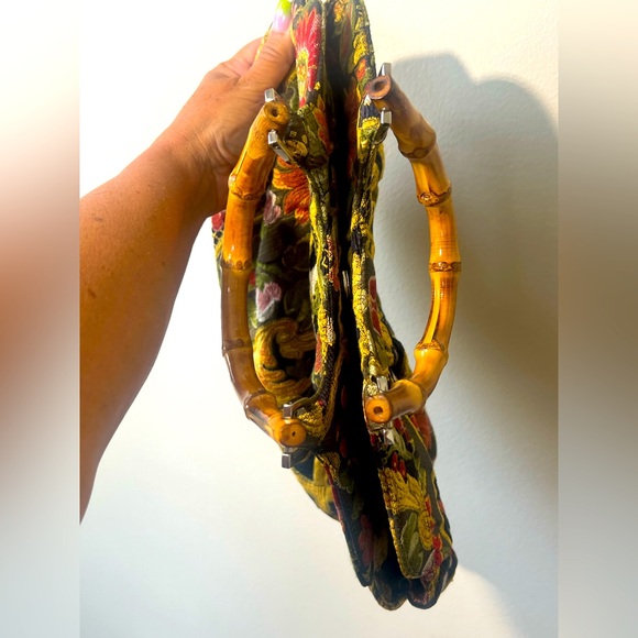 Talbots Vintage Floral Tapestry Satchel Handbag with Stained Bamboo Handles - Picture 9 of 14